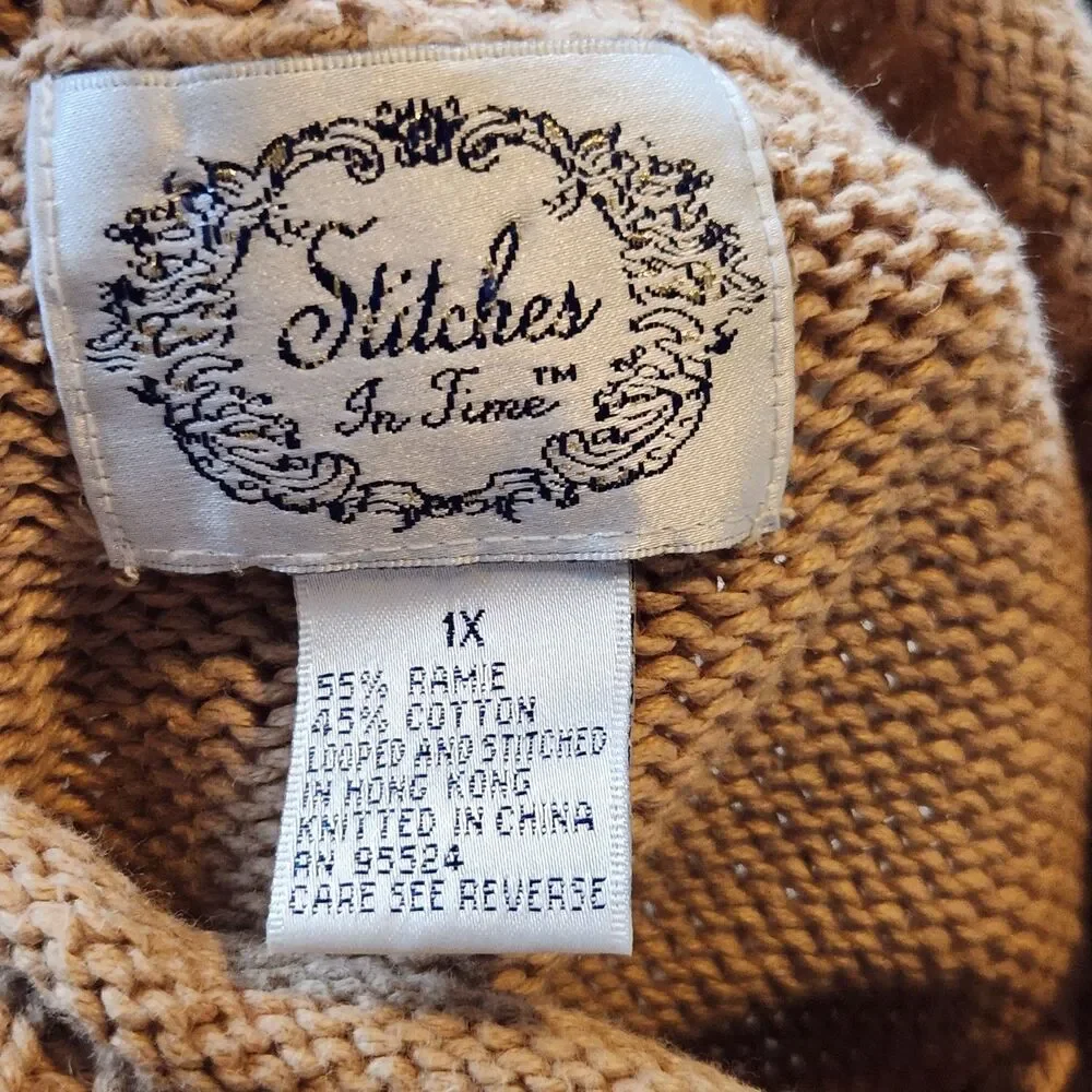 Vintage Stitches In Time Women’s 1X Tan Roll Neck Embroidered Sweater